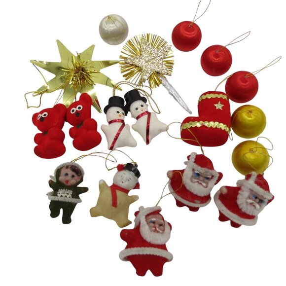 VINTAGE Flocked & Satin String Christmas Ornaments Lot of 18 Santa Stars Bears - Picture 1 of 8